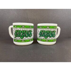 2 Arby's Green Stained Glass Mugs White Milk Glass Retro Federal Heat Proof